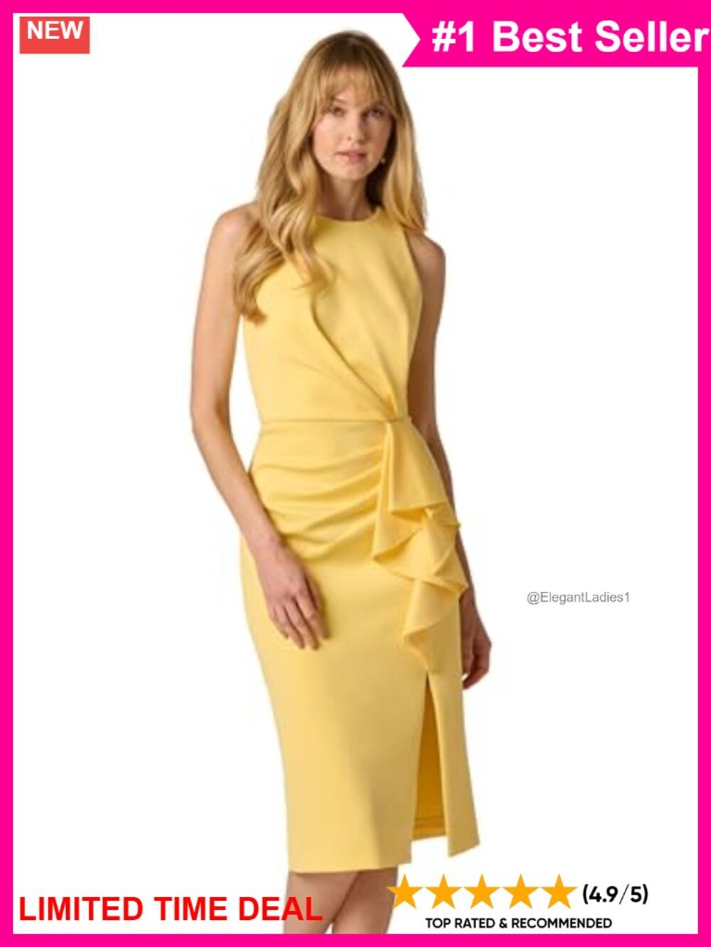 Halter Ruffle Midi Dress Stretch Scuba Sheath Sleeveless Back Zipper